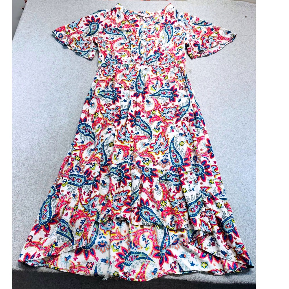Harlow & Rose High Low Dress Womens Medium Multicolor Paisley Boho Tiered V-Neck